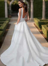 Sleeveless Satin Court Train Wedding Dress Ball-Gown Princess Square Neckline-Dbrbridal