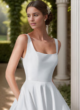 Sleeveless Satin Court Train Wedding Dress Ball-Gown Princess Square Neckline-Dbrbridal