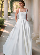 Sleeveless Satin Court Train Wedding Dress Ball-Gown Princess Square Neckline-Dbrbridal