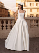 Sleeveless Satin Court Train Wedding Dress Ball-Gown Princess Square Neckline-Dbrbridal