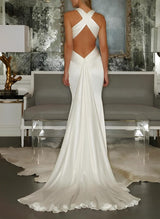 Sleeveless Silk Like Satin Mermaid Fitted V-Neck Wedding Dress Sweep Train-Dbrbridal