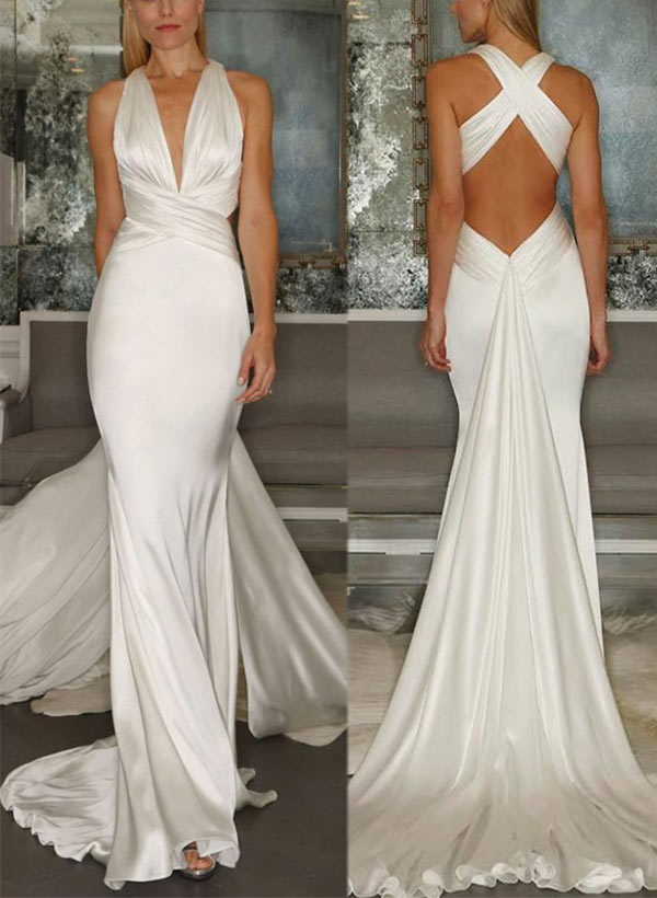 Sleeveless Silk Like Satin Mermaid Fitted V-Neck Wedding Dress Sweep Train-Dbrbridal