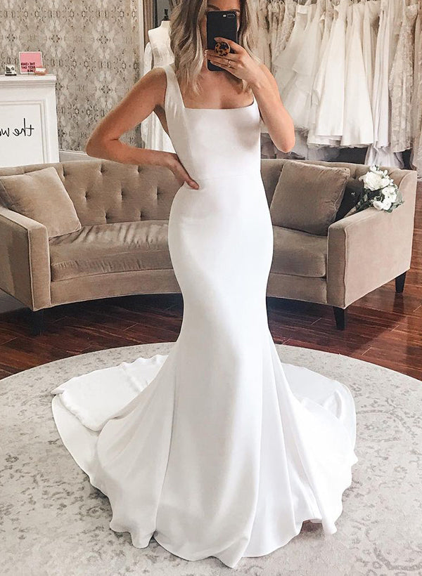 Sleeveless Silk Like Satin Mermaid Fitted Wedding Dresses Square Neckline-Dbrbridal