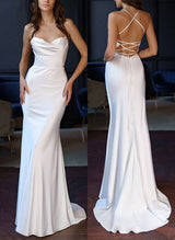 Sleeveless Sweep Train Wedding Dress Cowl Neck-Dbrbridal