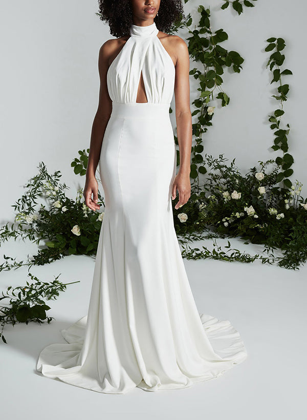 Sleeveless Sweep Train Wedding Dresses Draped Halter Neck-Dbrbridal