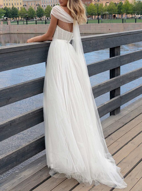 Sleeveless Tulle Chic A-line Wedding Dress Sweep Train-Dbrbridal