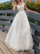 Sleeveless Tulle Chic A-line Wedding Dress Sweep Train-Dbrbridal