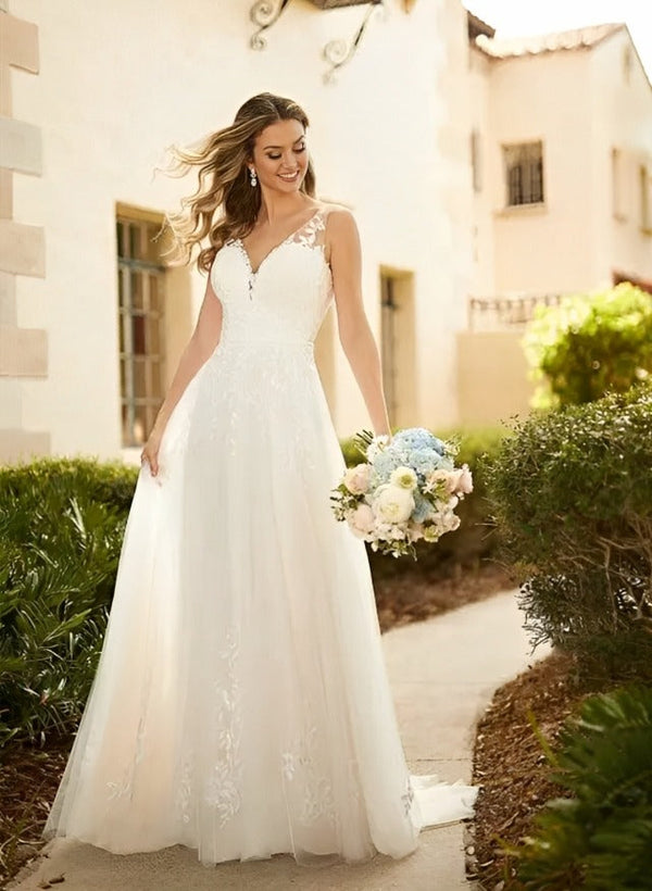 Sleeveless V-Neck Chic A-line Tulle Wedding Dress-Dbrbridal