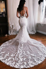 Spaghetti Straps Mermaid Long Lace Wedding Dresses with Chapel Train-Dbrbridal