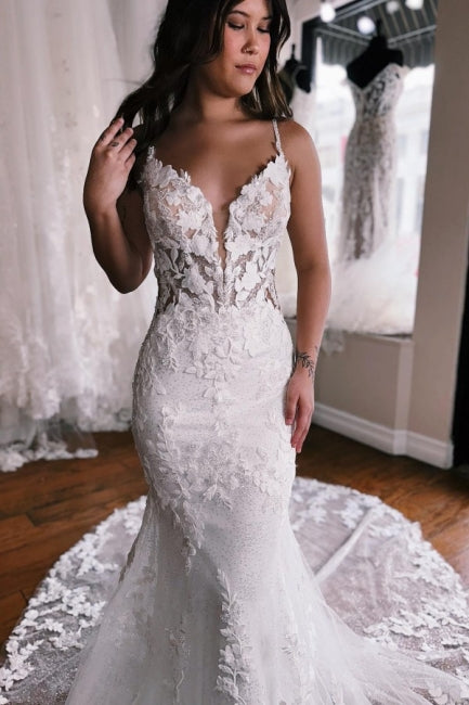 Spaghetti Straps Mermaid Long Lace Wedding Dresses with Chapel Train-Dbrbridal