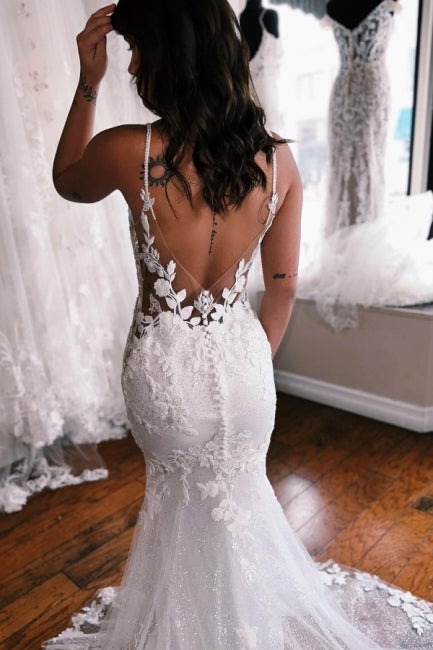 Spaghetti Straps Mermaid Long Lace Wedding Dresses with Chapel Train-Dbrbridal