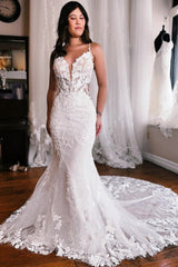 Spaghetti Straps Mermaid Long Lace Wedding Dresses with Chapel Train-Dbrbridal