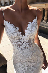 Spaghetti-Straps Mermaid Wedding Dress Long With Lace Appliques-Dbrbridal