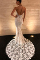 Spaghetti-Straps Mermaid Wedding Dress Long With Lace Appliques-Dbrbridal