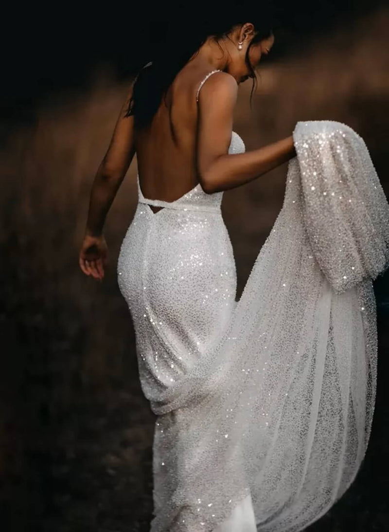 Sparkly Backless Mermaid Fitted Wedding Dresses-Dbrbridal