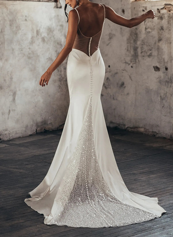 Sparkly Mermaid Fitted Wedding Dresses Spaghetti Straps Open Back-Dbrbridal