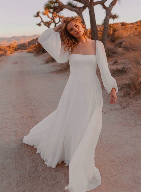 Square Neckline Chic A-line Wedding Dress Long Sleeves Chiffon Sweep Train-Dbrbridal