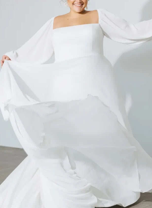 Square Neckline Chic A-line Wedding Dress Long Sleeves Chiffon Sweep Train-Dbrbridal