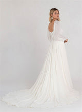 Square Neckline Chic A-line Wedding Dress Long Sleeves Chiffon Sweep Train-Dbrbridal