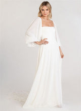 Square Neckline Chic A-line Wedding Dress Long Sleeves Chiffon Sweep Train-Dbrbridal