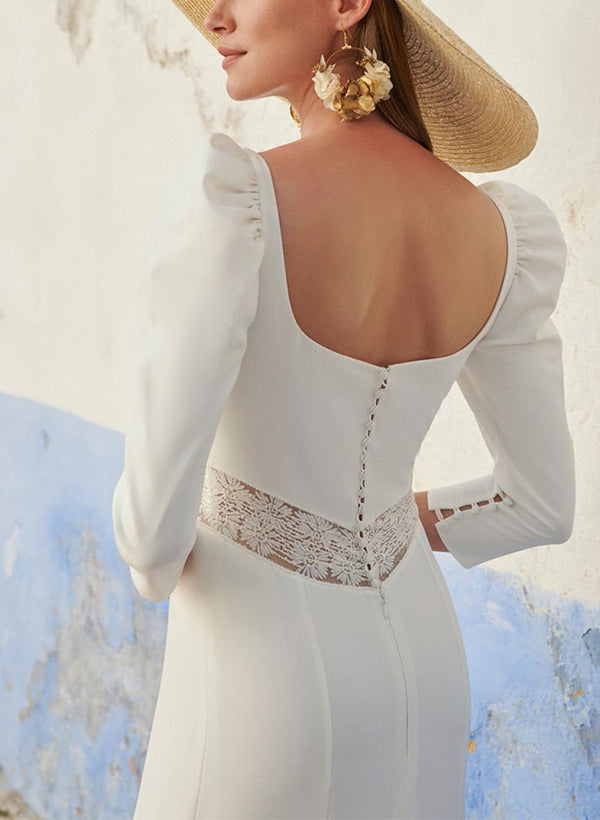 Square Neckline Jumpsuit Pantsuit 3 4 Sleeves in Lace Elastic Satin for Wedding Dresses-Dbrbridal