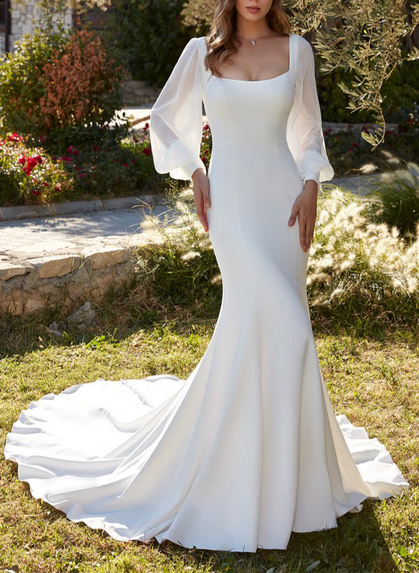 Square Neckline Long Sleeve Mermaid Fitted Wedding Dress Sweep Train-Dbrbridal