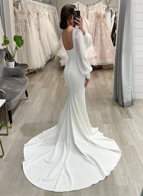 Square Neckline Long Sleeves Court Train Elastic Satin Mermaid Fitted Wedding Dress-Dbrbridal