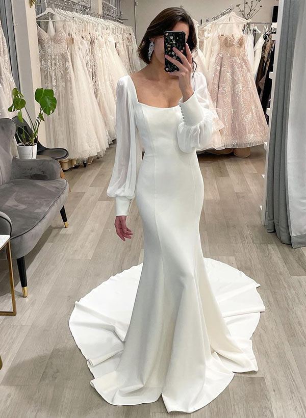 Square Neckline Long Sleeves Court Train Elastic Satin Mermaid Fitted Wedding Dress-Dbrbridal