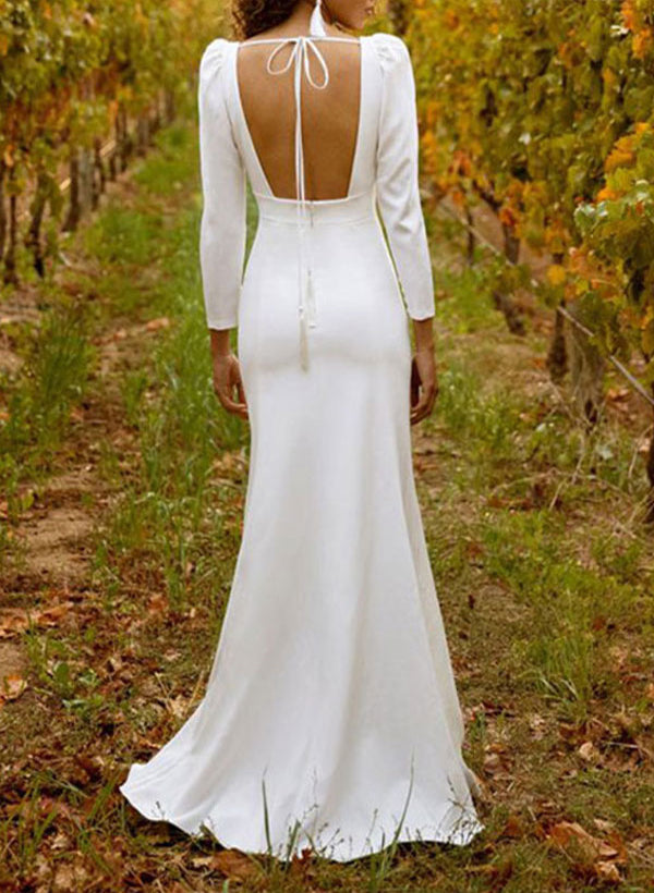 Square Neckline Long Sleeves Satin Sweep Train Wedding Dress Split Front-Dbrbridal