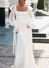 Square Neckline Long Sleeves Satin Tulle Sheath Column Wedding Dresses-Dbrbridal