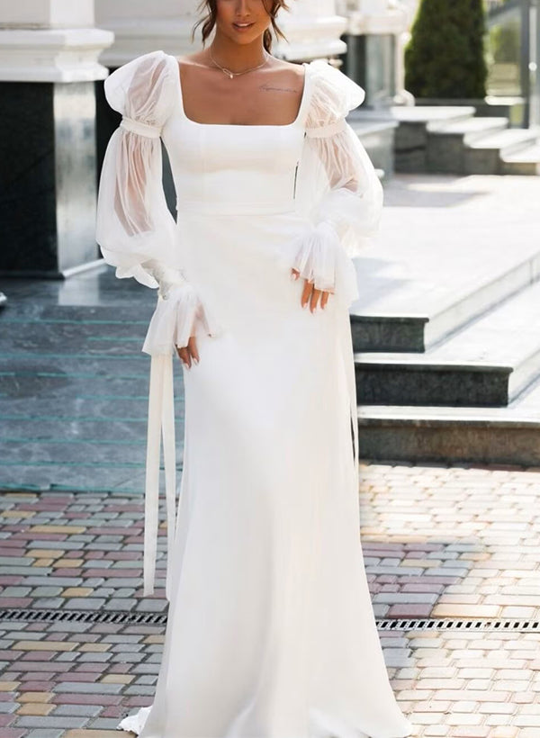 Square Neckline Long Sleeves Satin Tulle Sheath Column Wedding Dresses-Dbrbridal