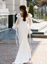 Square Neckline Long Sleeves Satin Tulle Sheath Column Wedding Dresses-Dbrbridal