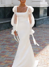 Square Neckline Long Sleeves Satin Tulle Sheath Column Wedding Dresses-Dbrbridal