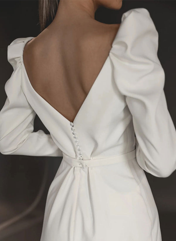 Square Neckline Long Sleeves Sheath Fitted Elastic Satin Wedding Dresses-Dbrbridal