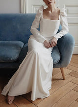 Square Neckline Long Sleeves Sheath Fitted Elastic Satin Wedding Dresses-Dbrbridal