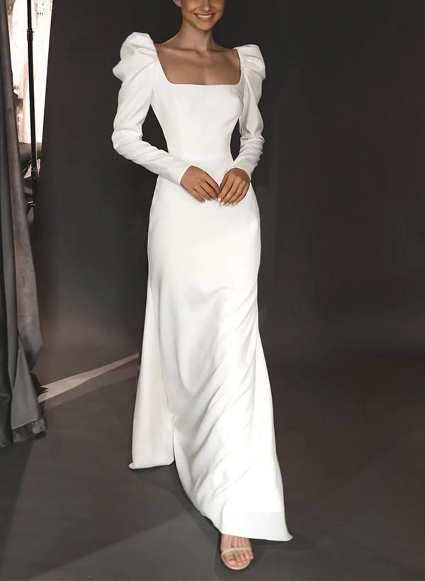 Square Neckline Long Sleeves Sheath Fitted Elastic Satin Wedding Dresses-Dbrbridal