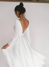 Square Neckline Long Sleeves Tea-Length White Wedding Dresses-Dbrbridal