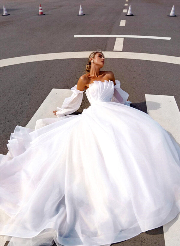 Square Neckline Organza Wedding Dress Long Sleeves Ruffle Detail Ball-Gown Silhouette Sweep Train-Dbrbridal