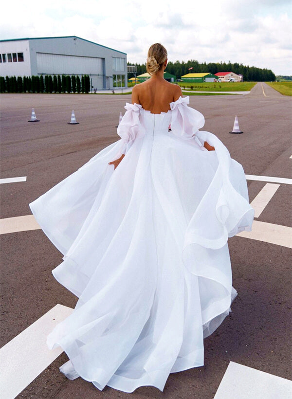 Square Neckline Organza Wedding Dress Long Sleeves Ruffle Detail Ball-Gown Silhouette Sweep Train-Dbrbridal