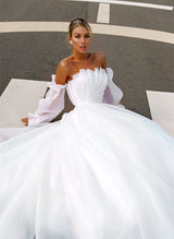 Square Neckline Organza Wedding Dress Long Sleeves Ruffle Detail Ball-Gown Silhouette Sweep Train-Dbrbridal