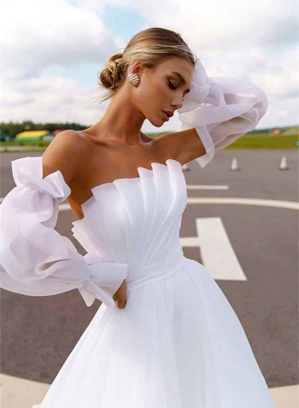 Square Neckline Organza Wedding Dress Long Sleeves Ruffle Detail Ball-Gown Silhouette Sweep Train-Dbrbridal