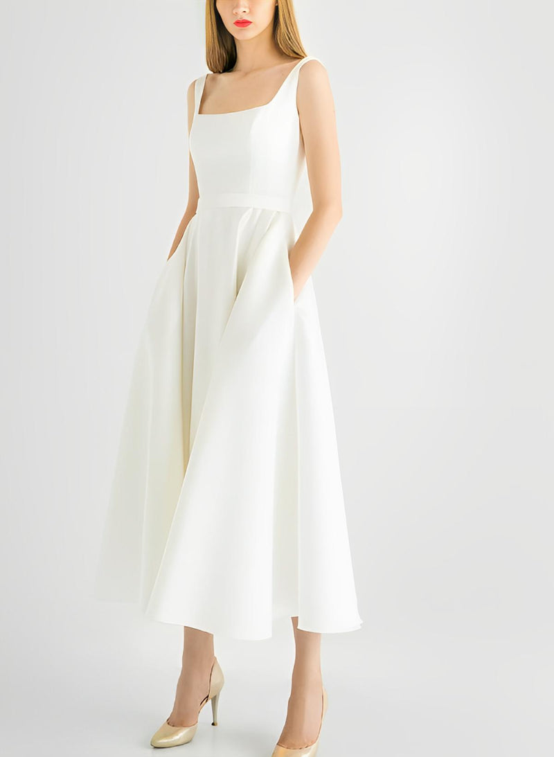 Square Neckline Sleeveless Chic A-line Satin Wedding Dress Pockets-Dbrbridal