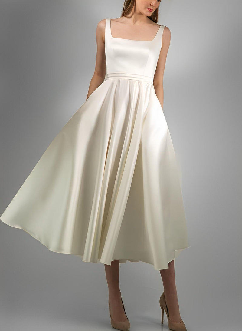 Square Neckline Sleeveless Chic A-line Satin Wedding Dress Pockets-Dbrbridal