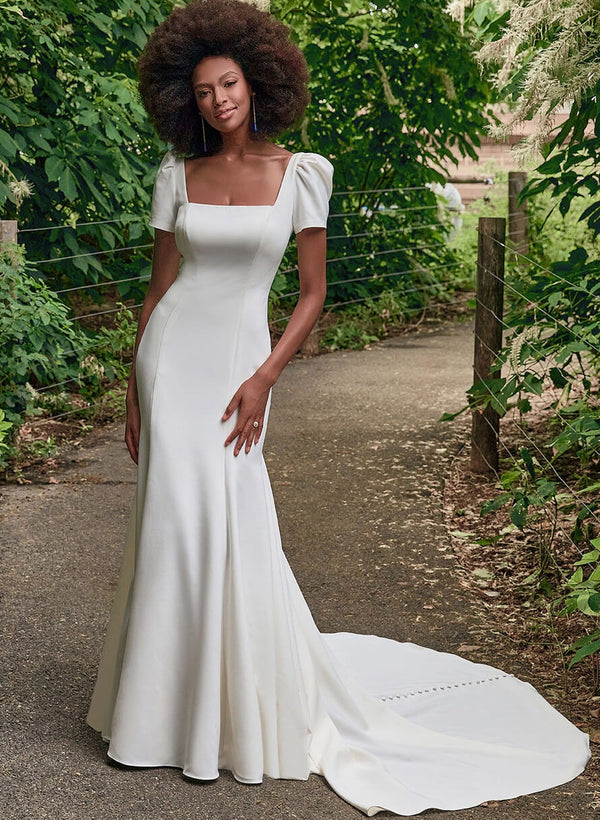 Square Neckline Trumpet Mermaid Fitted Wedding Dresses Satin-Dbrbridal