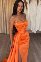 Classy Orange Sweetheart Prom Dresses Mermaid Long Split With Sequins