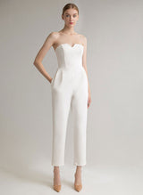 Strapless ankle-length elastic satin Wedding Jumpsuit Dresses pockets-Dbrbridal