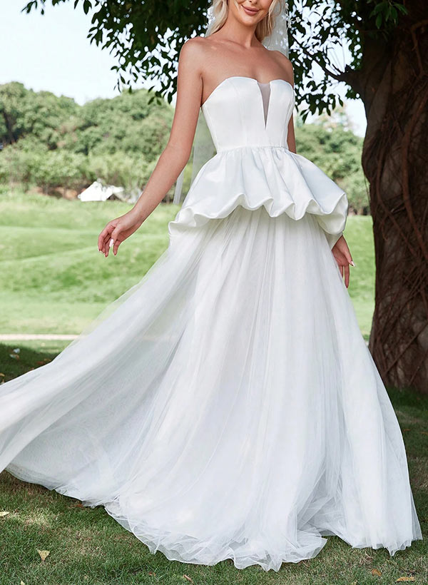 Strapless Chic A-line Wedding Dresses Cascading Ruffles Sweep Train in Satin Tulle-Dbrbridal