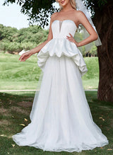 Strapless Chic A-line Wedding Dresses Cascading Ruffles Sweep Train in Satin Tulle-Dbrbridal