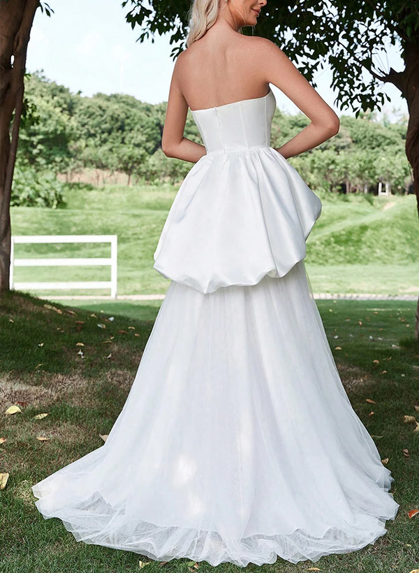 Strapless Chic A-line Wedding Dresses Cascading Ruffles Sweep Train in Satin Tulle-Dbrbridal