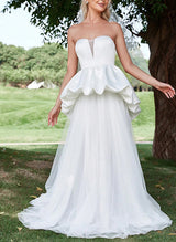 Strapless Chic A-line Wedding Dresses Cascading Ruffles Sweep Train in Satin Tulle-Dbrbridal